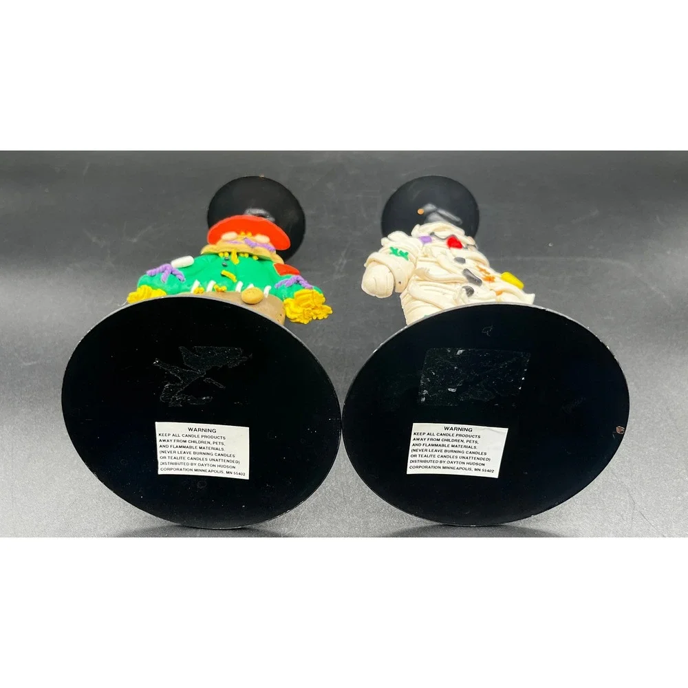 Scarecrow & Mummy Pair Of Halloween‎ Decor Black Metal Candle Holders Clay 8.5